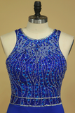 Dark Royal Blue Open Back Prom Dresses Scoop Spandex With Beading And Slit Sweep Train