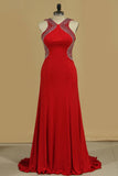 V Neck Open Back Sheath Spandex Prom Dresses With Beads Sweep Train