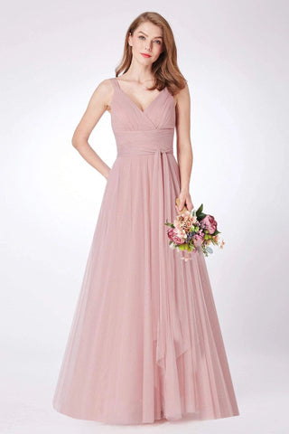 Simple A Line Pink V Neck Tulle Sleeveless Prom Dresses Long Bridesmaid Dresses SJS15383