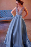 A-Line Prom Dresses Beaded Bodice Satin A Line Open Back