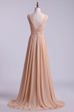 Bridesmaid Dress V Neck A Line Floor Length Chiffon With Beads