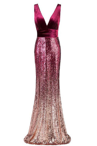 Sexy Sequins Mermaid V Neck Burgundy Velvet Long Prom Dresses Backless Evening Dress SJS15352