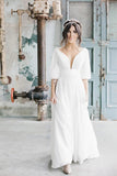 Simple A Line Ivory Chiffon V neck Wedding Dresses, Half Sleeves Long Wedding Gowns SJS15381