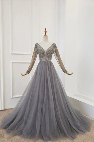 A Line Long Sleeves V Neck Gray Tulle Prom Dresses with Beading, Evening Dress SJS15549