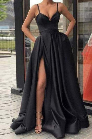 Black Spaghetti Straps Split Long Satin Prom Dress A Line Simple Long Formal SJSP5G4JRHJ