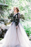 Long Sleeves Wedding Dresses Black Appliques Bridal Dresses Tulle