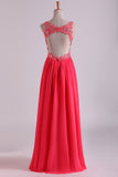 Open Back V Neck Prom Dresses Beaded Bodice Chiffon Floor Length