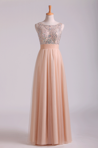 Scoop Prom Dresses A Line Tulle With Beading Floor Length