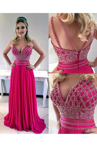 Prom Dresses A Line Spaghetti Straps Chiffon With Beading Sweep Train