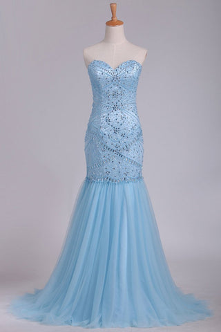 Sweetheart Mermaid Prom Dresses Beaded Bodice Tulle Sweep Train