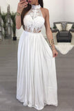 High Neck A Line Chiffon & Lace Floor Length Prom Dresses