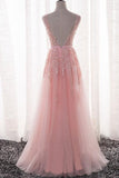 New Arrival V Neck Tulle With Applique And Sash A Line Prom Dresses