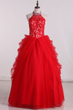 High Neck Tulle With Applique Ball Gown Quinceanera Dresses Floor Length