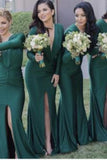 V Neck Long Sleeves Mermaid Bridesmaid Dresses With Slit