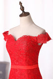 Red Mermaid Prom Dresses Off The Shoulder Tulle With Applique Covered Button