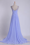 V Neckline And Deep V Back Chiffon Long A Line Prom Dress With Beaded Tulle Straps