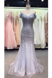 Prom Dress Off The Shoulder Sweep Train Mermaid Tulle Beads&Sequins