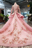 New Prom Dresses Long Sleeves Ball Gown High Neck With Applique&Beads Lace Up Back