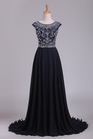 Prom Dresses Scoop Cap Sleeves A Line Chiffon With Beads Sweep Train