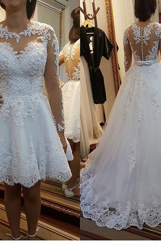 A Line Scoop Neck Wedding Dresses Chapel Train Tulle With Applique & Beading Detachable Skirt Long Sleeves