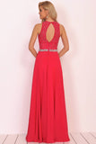 Open Back Scoop A Line Prom Dresses With Beading Chiffon