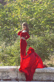 Long Sleeves Mermaid Evening Dresses Velvet With Sash Court Train