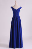 Off The Shoulder Evening Dresses A Line Ruched Bodice Chiffon Floor Length Dark Royal Blue