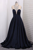 Scoop A Line Satin Prom Dresses With Beading Floor Length