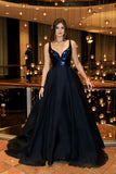 Spaghetti Straps Prom Dresses A Line Organza & Sequin Sweep Train