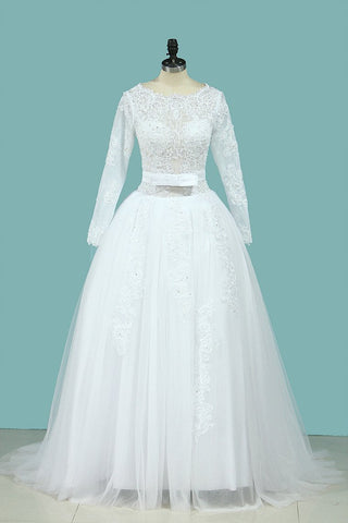 A Line Wedding Dresses Long Sleeves Scoop With Applique Court Train