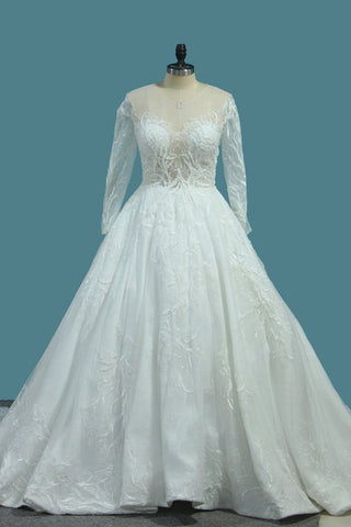 A Line Scoop Long Sleeves Wedding Dresses Tulle With Applique Chapel Train