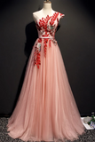 A Line One Shoulder Tulle Red Applique Long Prom Dress Evening Dress