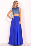 Two-Piece High Neck Beaded Bodice A Line Chiffon Prom Dresses