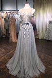 A Line Tulle Beads 3D Flowers Round Neck Long Prom Dresses With Belt