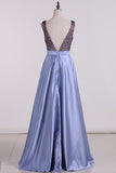 Satin Prom Dresses A Line Beaded Bodice Open Back A Line