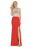 Two-Piece Scoop Prom Dresses Spandex With Beads And Slit