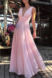 Flowy Simple Cheap Long V-Neck Pink Prom Dresses Party Dresses