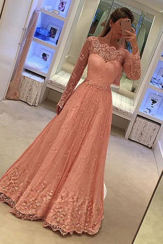 Prom Dresses Long Sleeves A Line Lace With Applique Floor Length