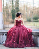 A-line Charming Long Puffy Burgundy Strapless Sleeveless Tulle Appliques Prom Dresses uk BD501