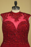 High Neck Prom Dresses Beaded Bodice Burgundy/Maroon A Line Chiffon Open Back