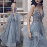 Spaghetti Straps Blue Gray Tulle V Neck Long Ruffles Prom Dresses with Lace Applique SJS15411