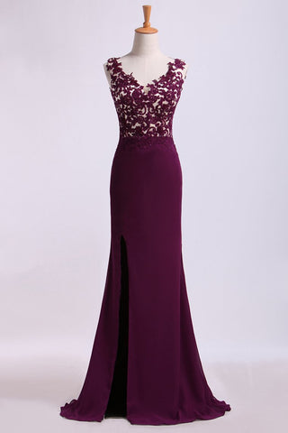 Straps Prom Dresses With Slit&Applique Floor Length Chiffon