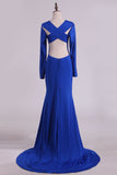 Scoop Prom Dresses Long Sleeves Spandex Open Back Drak Royal Blue