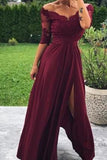 Modest Off the Shoulder Burgundy Bridesmaid Dresses with Slit, Prom SJS15655