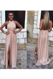 Sexy Open Back Halter Evening Dresses A Line With Slit Chiffon