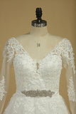 Long Sleeves V Neck Tulle With Applique A Line Wedding Dresses