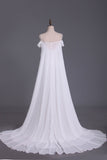 A Line Straps With Beads And Ruffles Wedding Dresses Chiffon Court Train Detachable