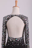 Open Back Long Sleeves With Beading And Slit Prom Dresses Sweep Train Spandex