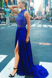 2 Pieces High Neck Royal Blue Beading Long Beautiful Prom Dresses For Teens