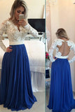 V Neck Prom Dresses A Line Chiffon With Applique Sweep Train Dark Royal Blue